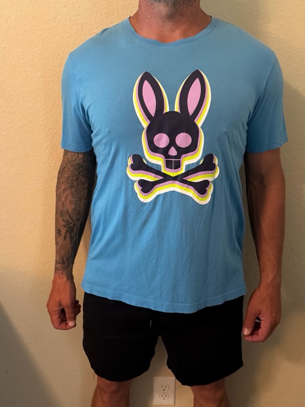 Psycho Bunny Light Blue Tee with Pink & Black Bunny Skull